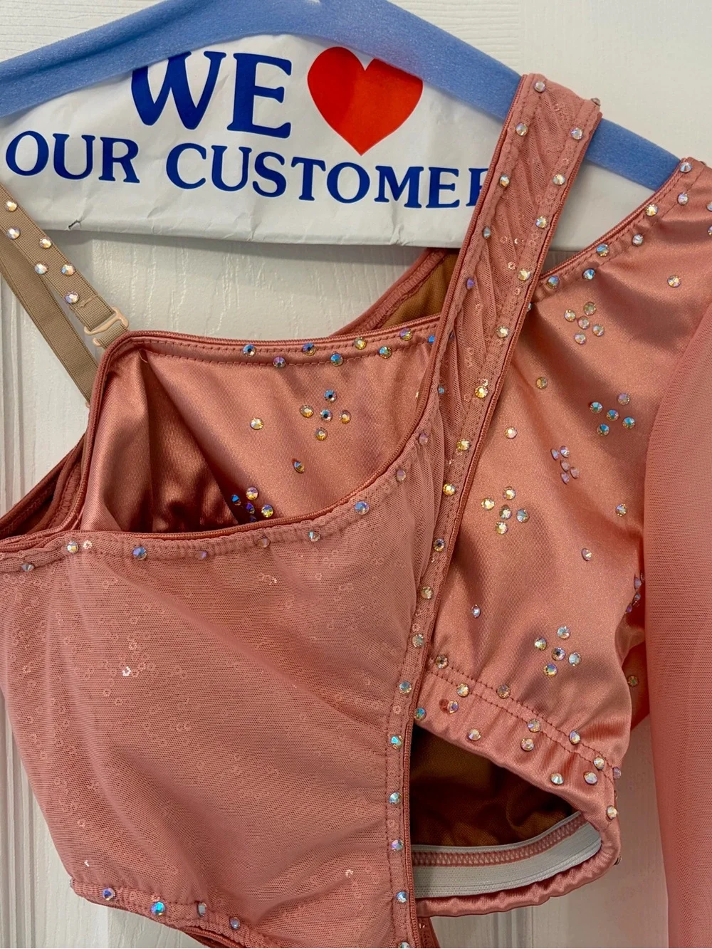 CXL Light Pink Satin Dance Costume with Sequins and Stones and Asymetrical Skirt